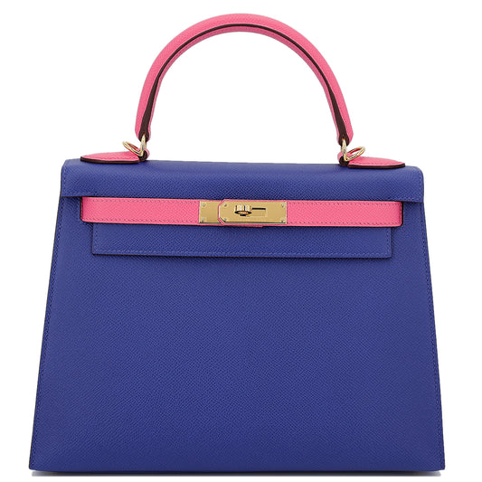 HERMÈS HSS SPECIAL ORDER KELLY HANDBAG IN BLUE ELECTRIC AND ROSE AZALEE EPSOM LEATHER