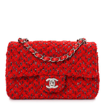 CHANEL TWEED QUILTED MINI RECTANGULAR FLAP IN RED GREY