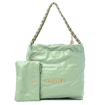 CHANEL SHINY CATFISH QUILTED CHANEL 22 IN LIGHT GREEN